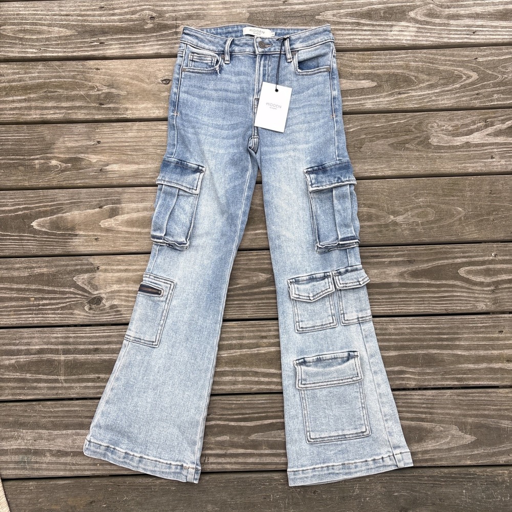 Hidden Jeans Crop mid rise Flare Cargo 24 NWT stretch blue cotton blend $102